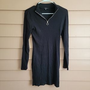 Ambiance Black Ribbed Zip-Front Long Sleeve Bodycon Dress